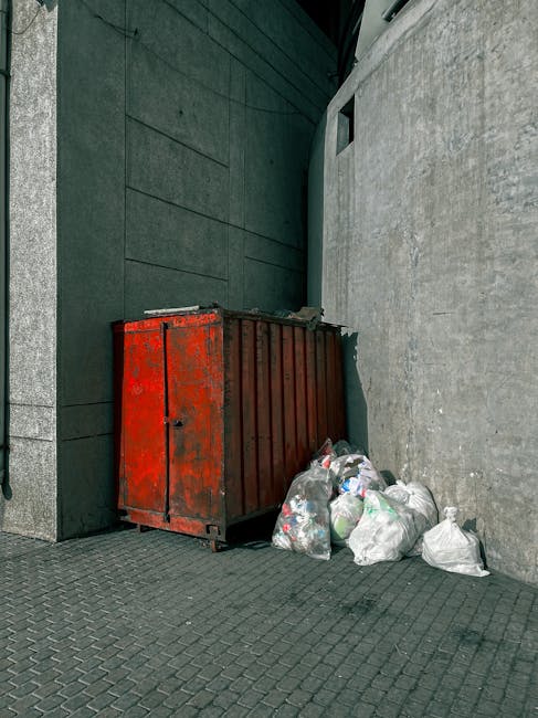 Close-up of a person wearing a green pair of gloves and a casual plaid shirt, standing outdoors on a grassy area, holding open a large black plastic rubbish bag with their hands. The bag appears to be